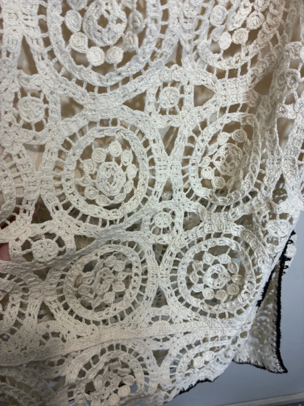 Boho Crochet Midi Skirt Cream w/ Black Trim Side Slit Lined XL - Picture 7 of 11